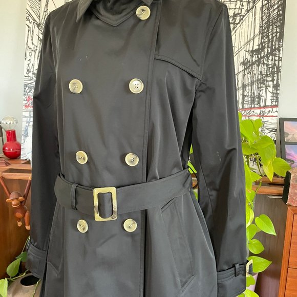 Dana Buchman trench coat  Size Medium Black Double Breasted - Picture 2 of 12